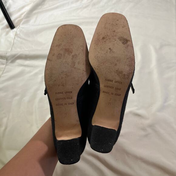 Vtg Gray Fabric Mary Jane Square Toe Block Heel Sz 7 Italian Leather Sole - Picture 7 of 7